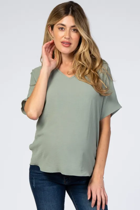 Light Olive Short Sleeve Maternity Blouse sold by Pinkblush