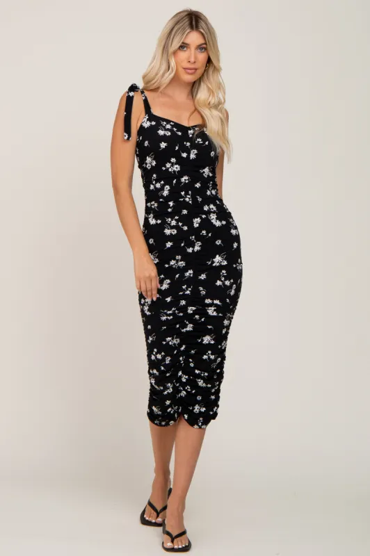 Black Floral Sleeveless Ruched Midi Dress sold by Pinkblush
