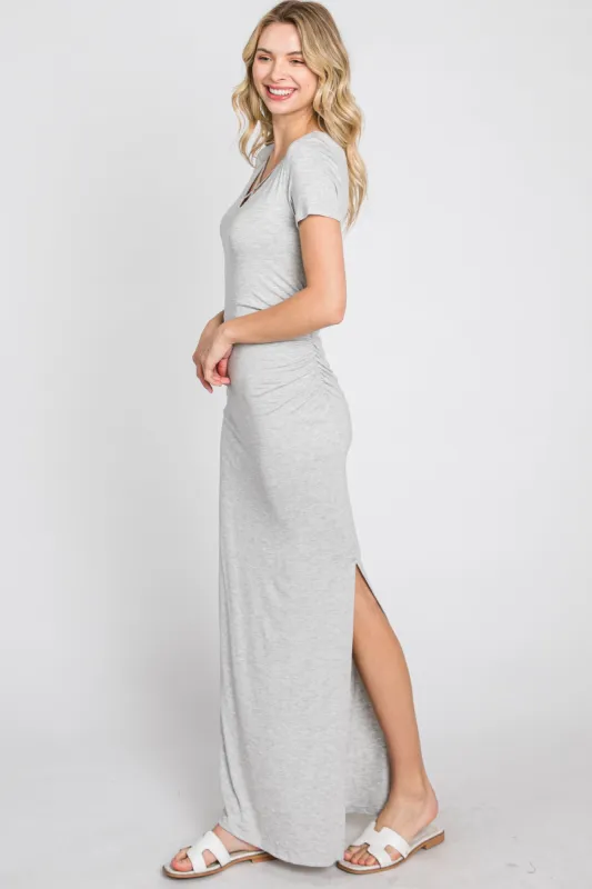Heather Grey Cross Front Ruched Maxi Dress sold by Pinkblush