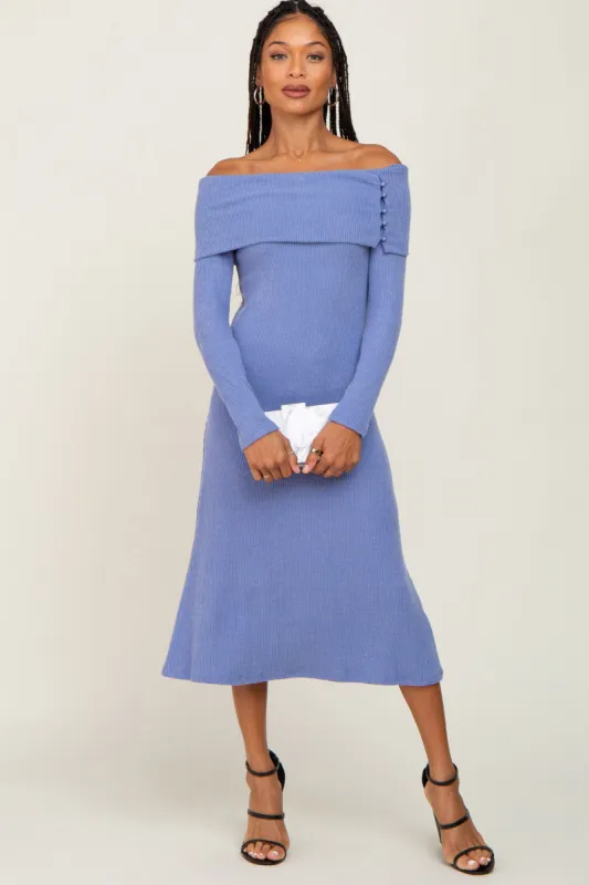 Blue Ribbed Knit Foldover Off Shoulder Midi Dress sold by Pinkblush