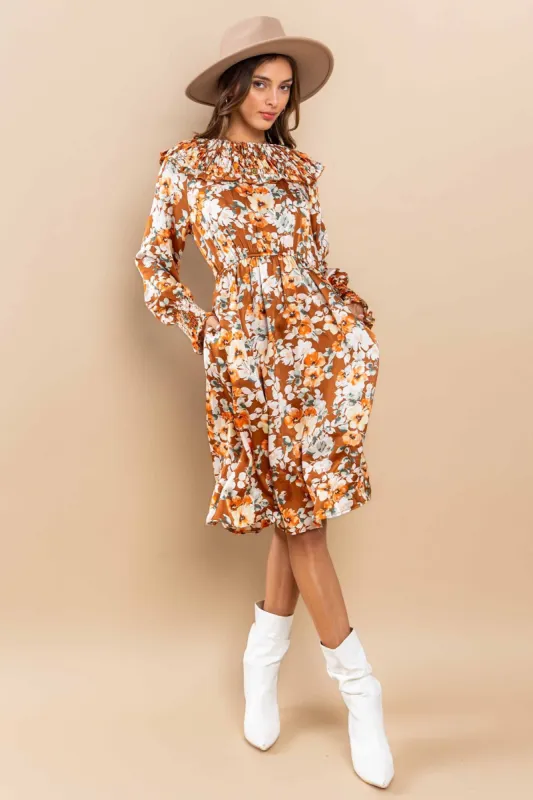Mocha Floral Printed Ruffled Midi Dress sold by Pinkblush