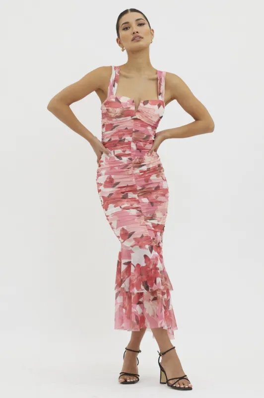 Pink Floral Print V Bust Line Midi Dress sold by Pinkblush