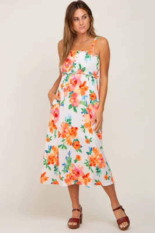 Ivory Floral Square Neck Ruffle Midi Dress sold by Pinkblush