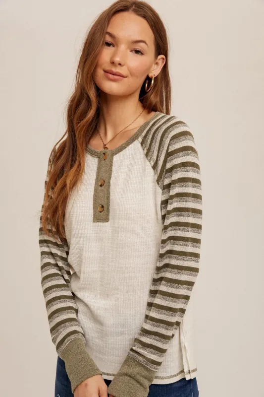 Olive Striped Contrast Knit Henley Top sold by Pinkblush