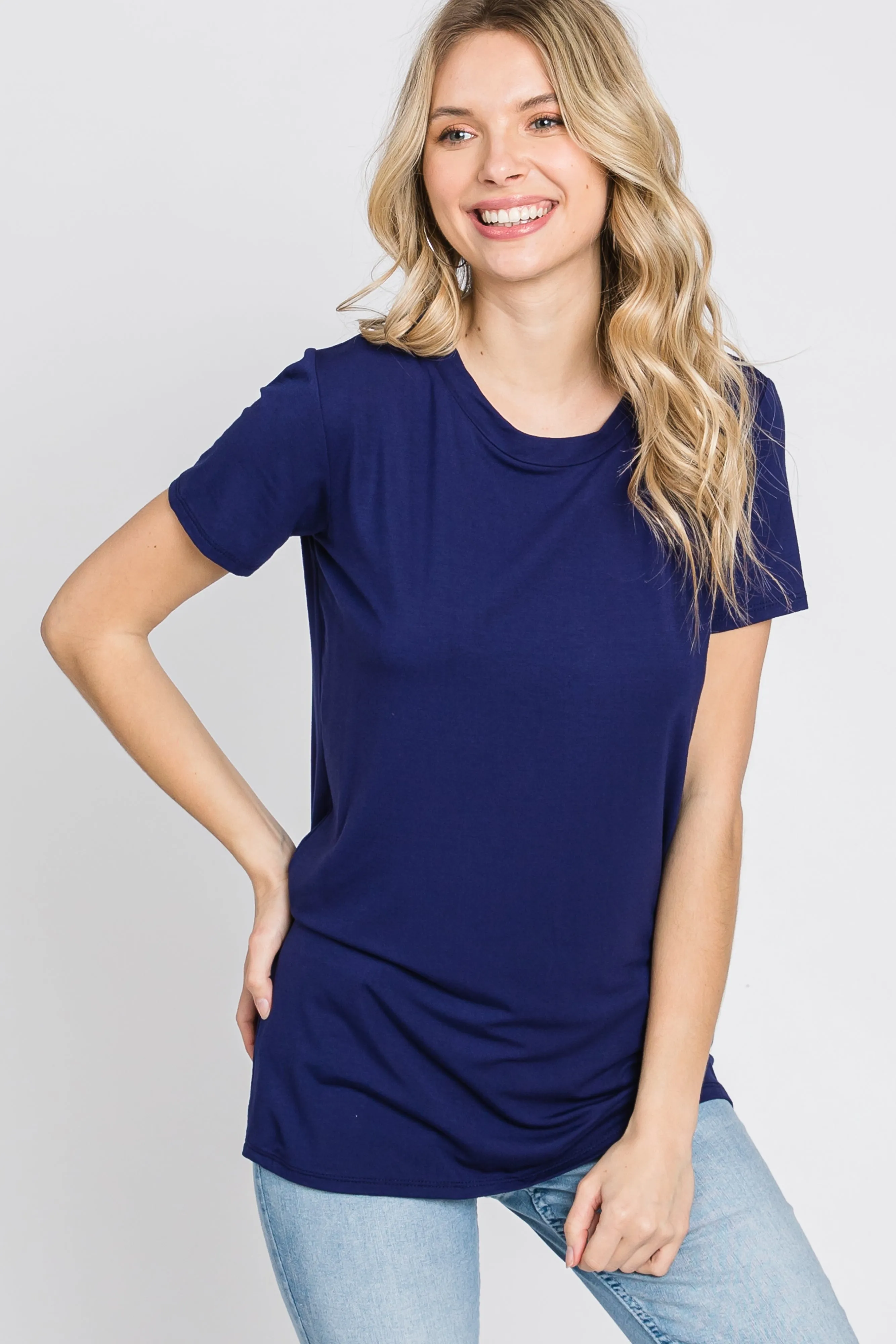 Navy Basic Short Sleeve Top sold by Pinkblush