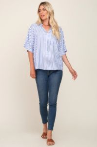 Blue Striped Button Down Top sold by Pinkblush