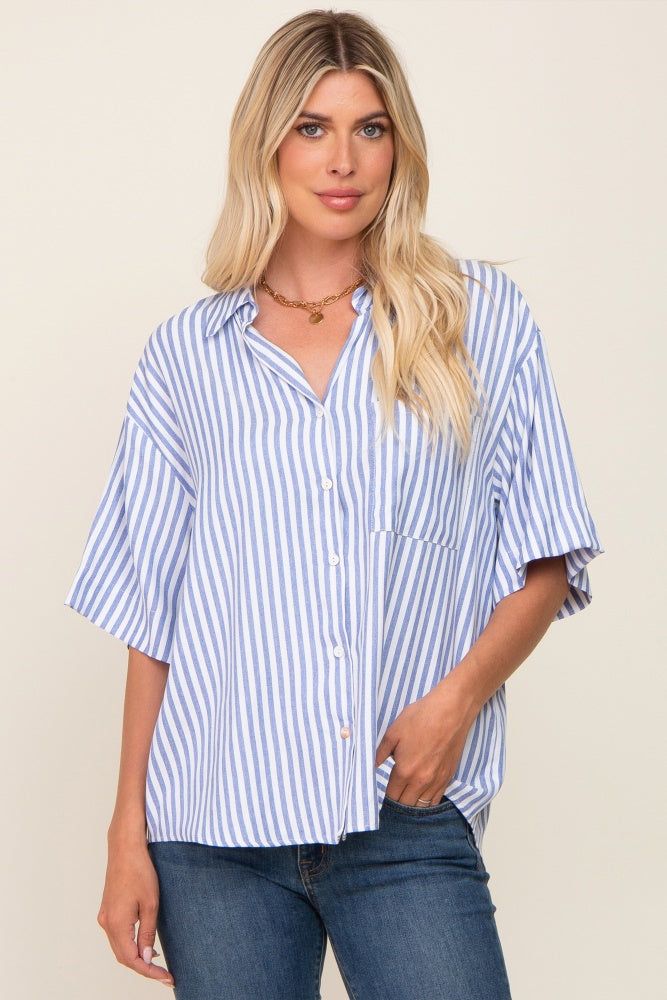 Blue Striped Button Down Top sold by Pinkblush