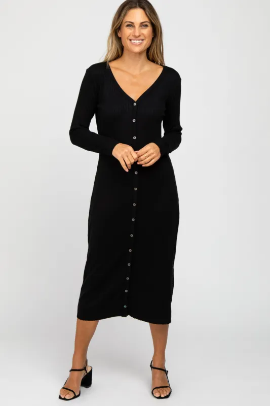 Black Ribbed Button Front Midi Cardigan Dress sold by Pinkblush