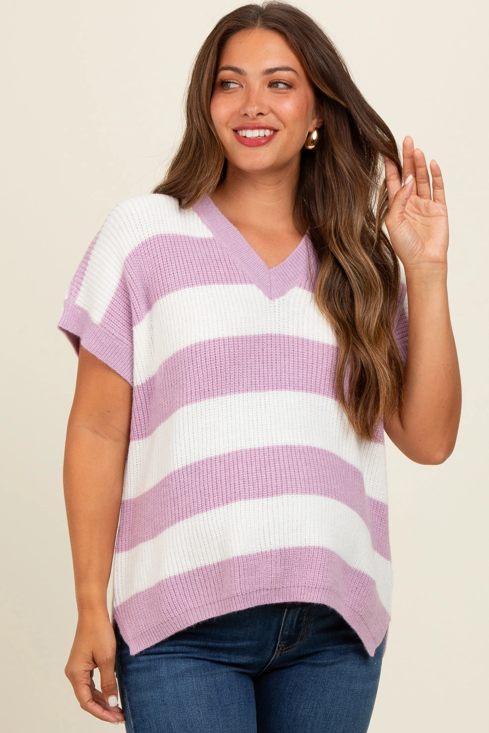 Mauve Striped V-Neck Maternity Sweater Top sold by Pinkblush product image thumbnail 2