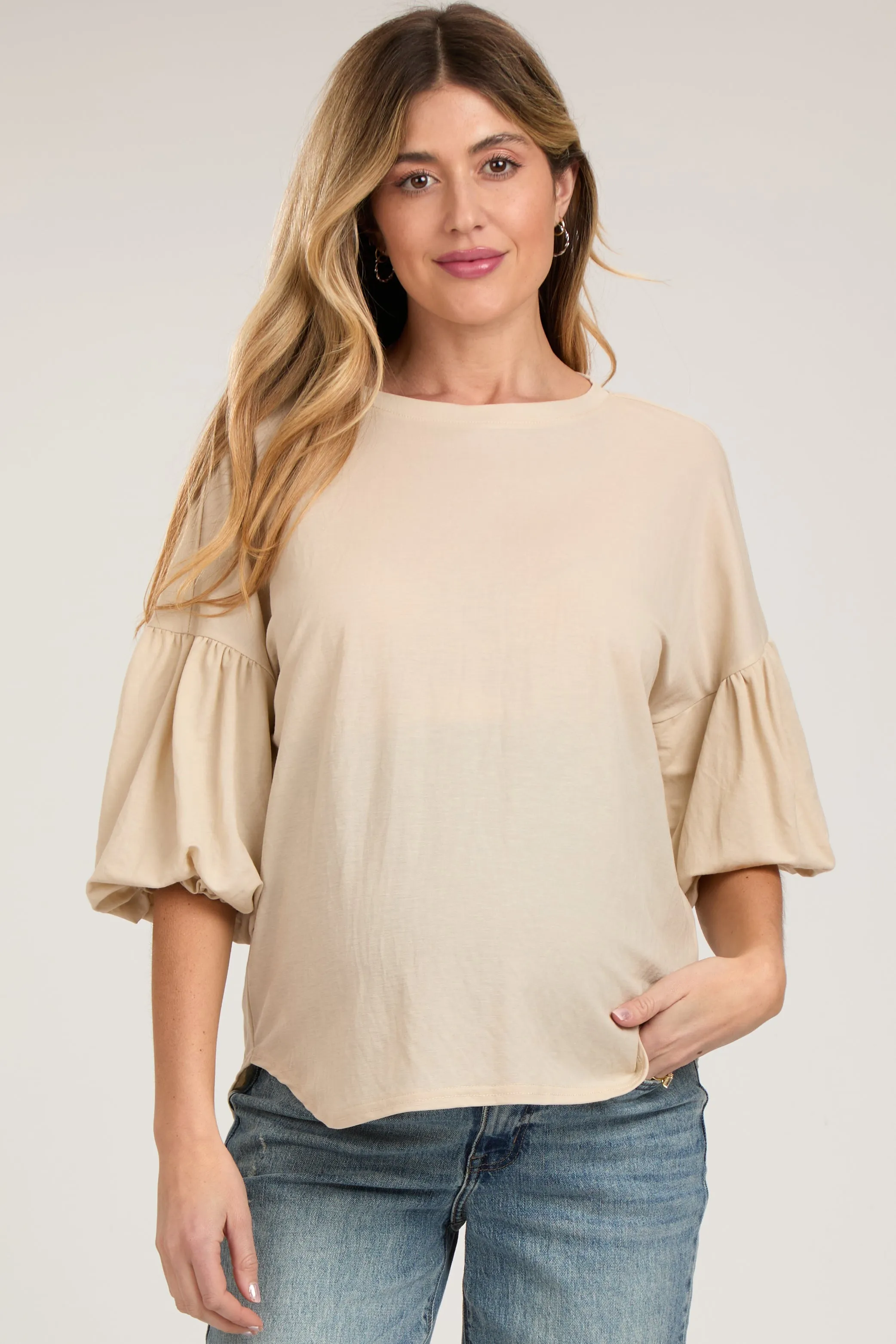 Beige Drop Shoulder Puff Sleeve Maternity Top sold by Pinkblush