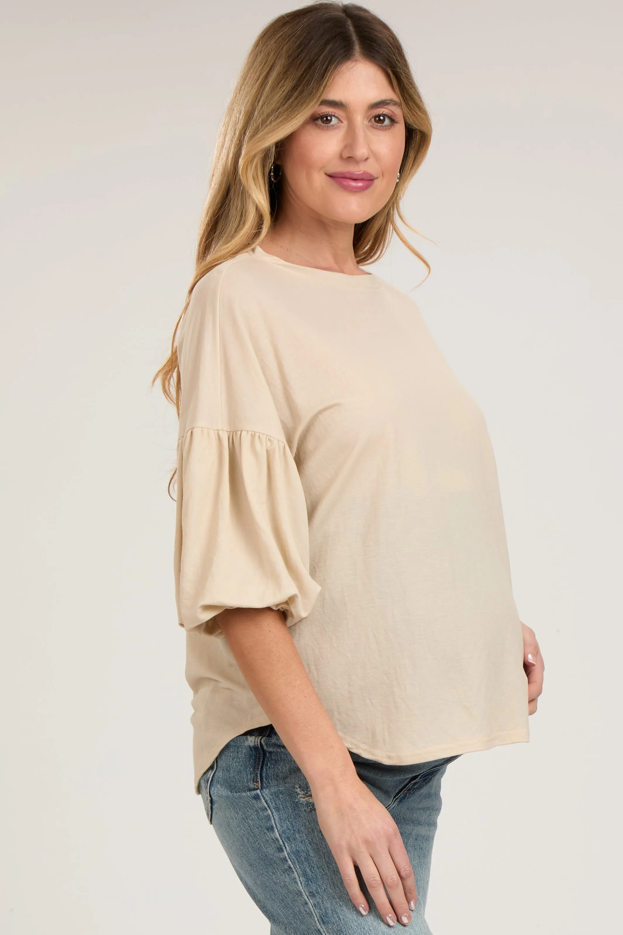 Beige Drop Shoulder Puff Sleeve Maternity Top sold by Pinkblush product image thumbnail 2