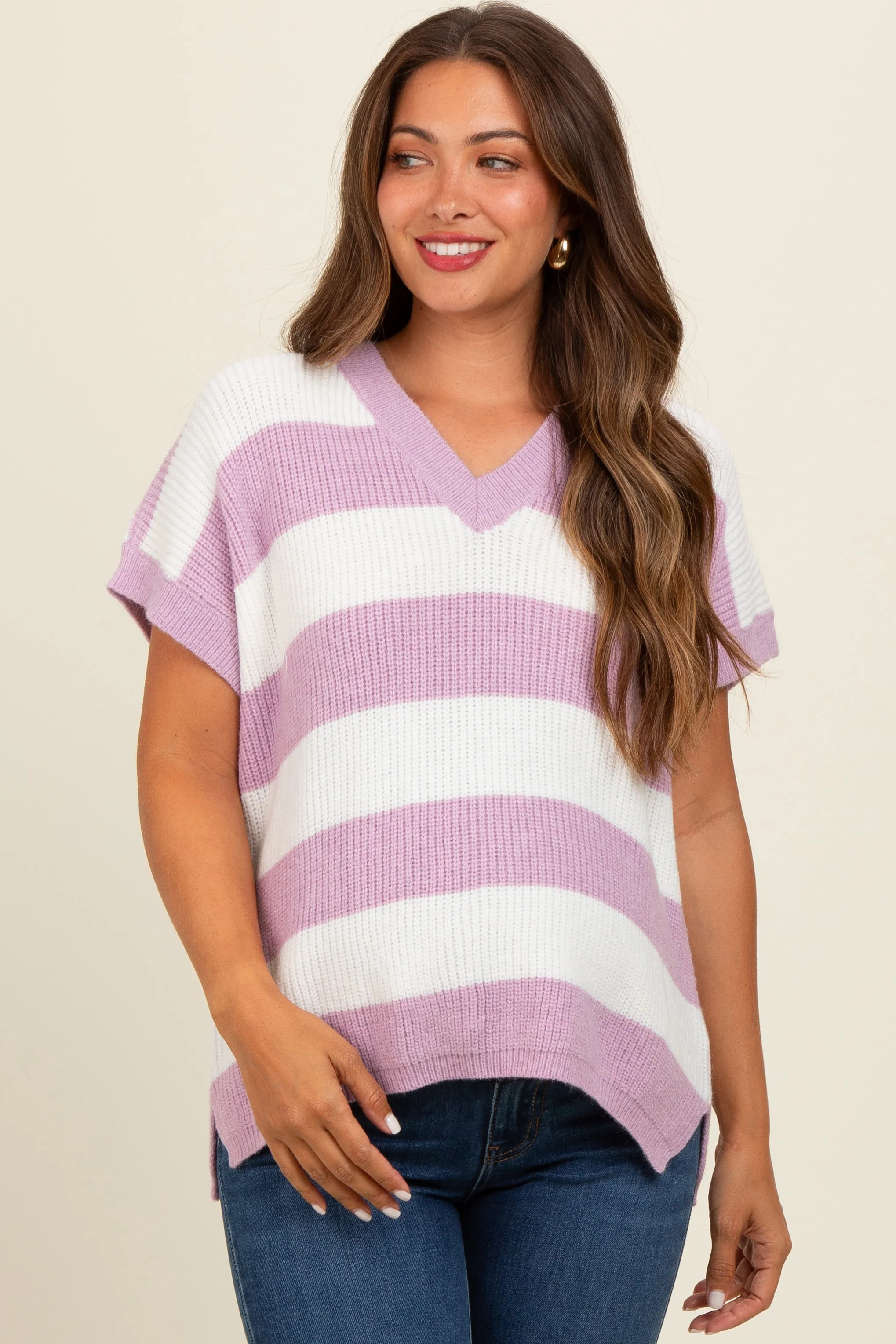 Mauve Striped V-Neck Maternity Sweater Top sold by Pinkblush