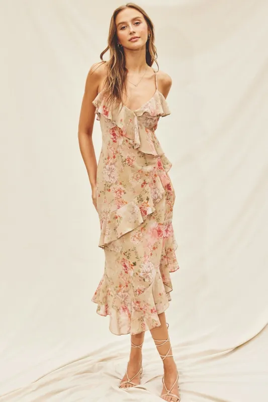 Cream Garden Diagonal Ruffled Midi Dress sold by Pinkblush