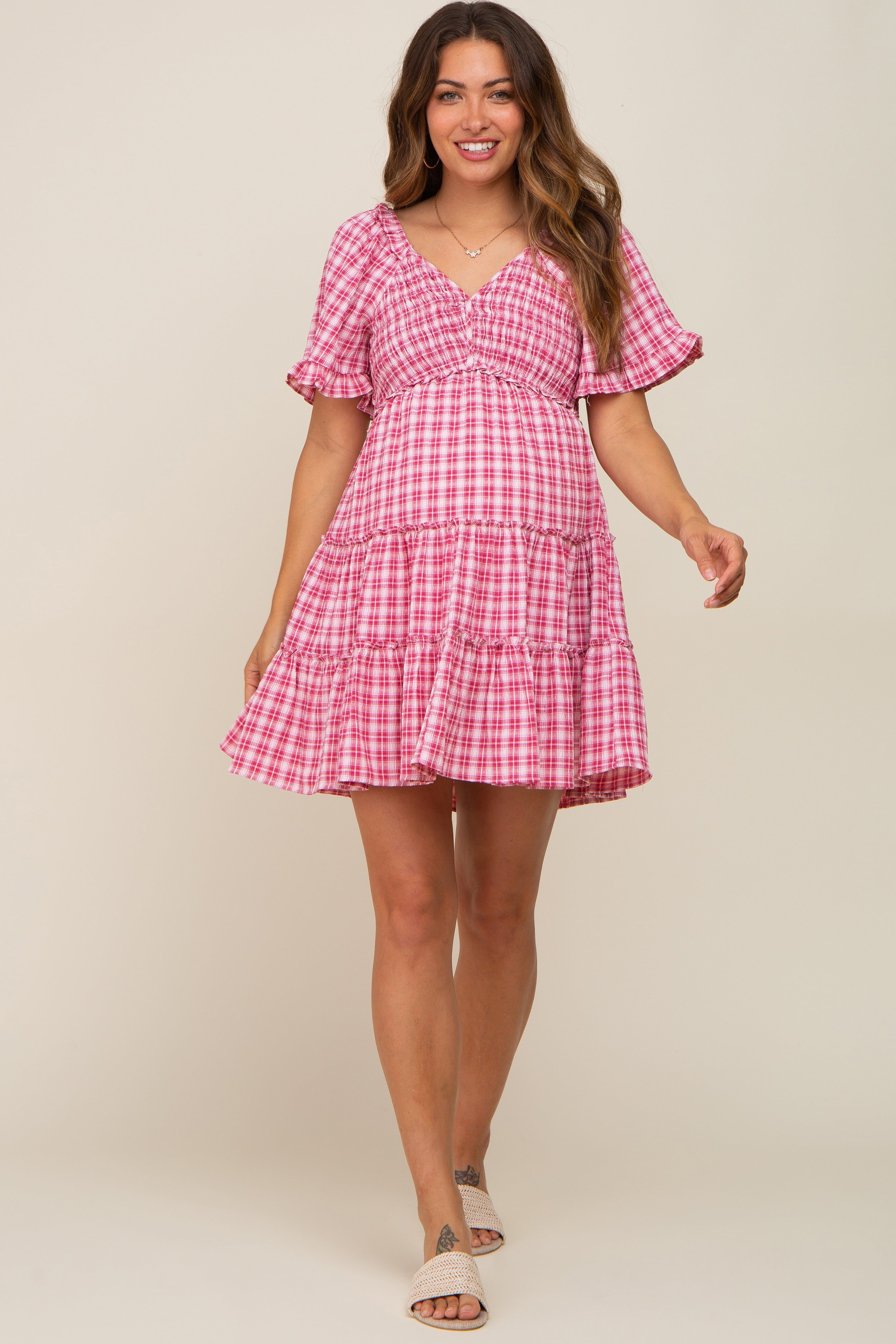 Pink Plaid Ruffle Tiered Maternity Dress sold by Pinkblush product image thumbnail 4