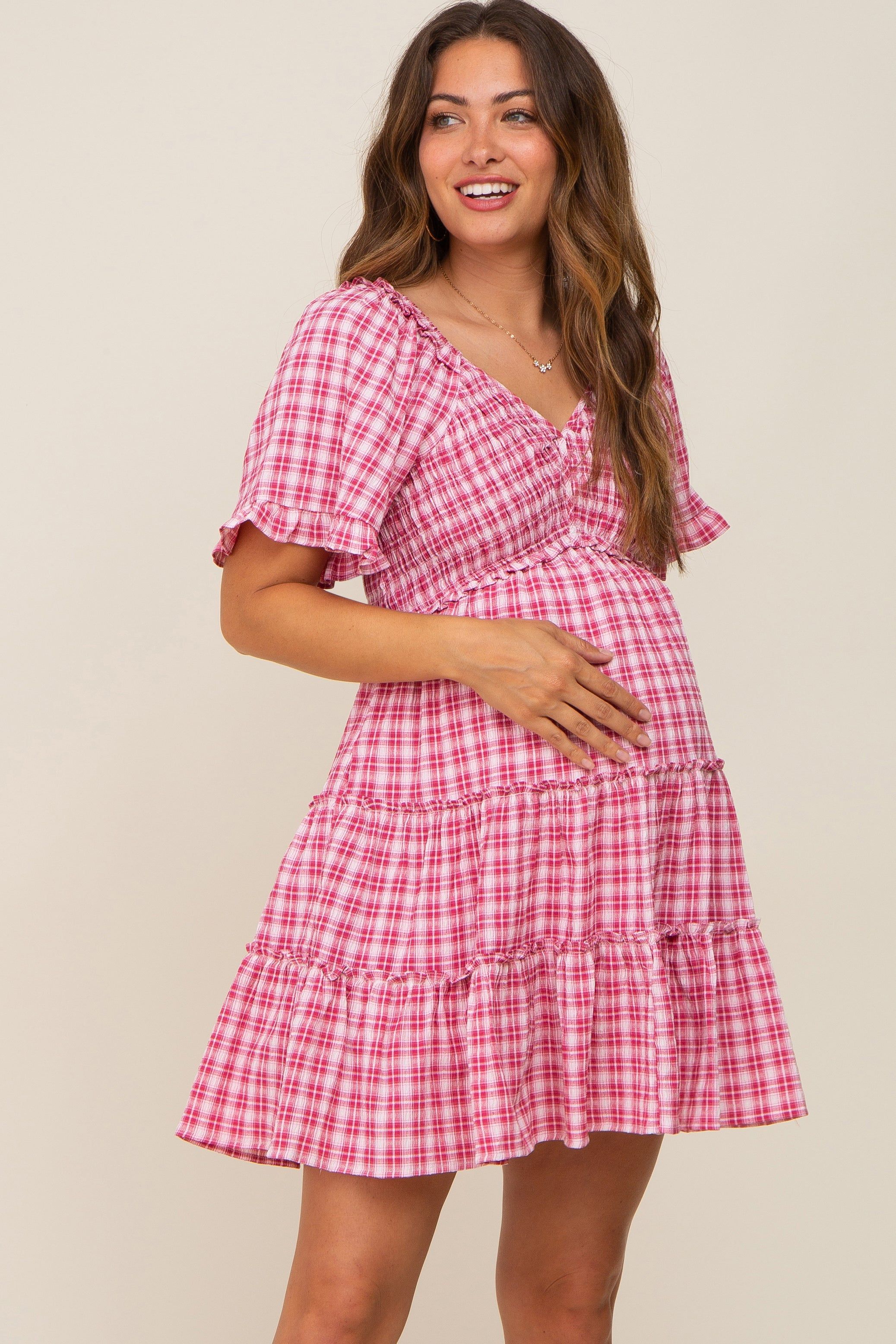 Pink Plaid Ruffle Tiered Maternity Dress sold by Pinkblush