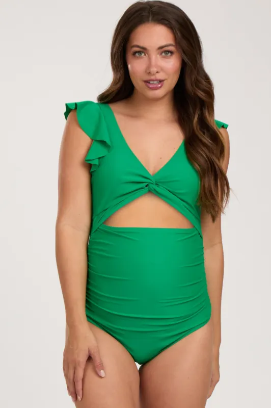 Green Cutout Flutter One Piece Maternity Swimsuit sold by Pinkblush