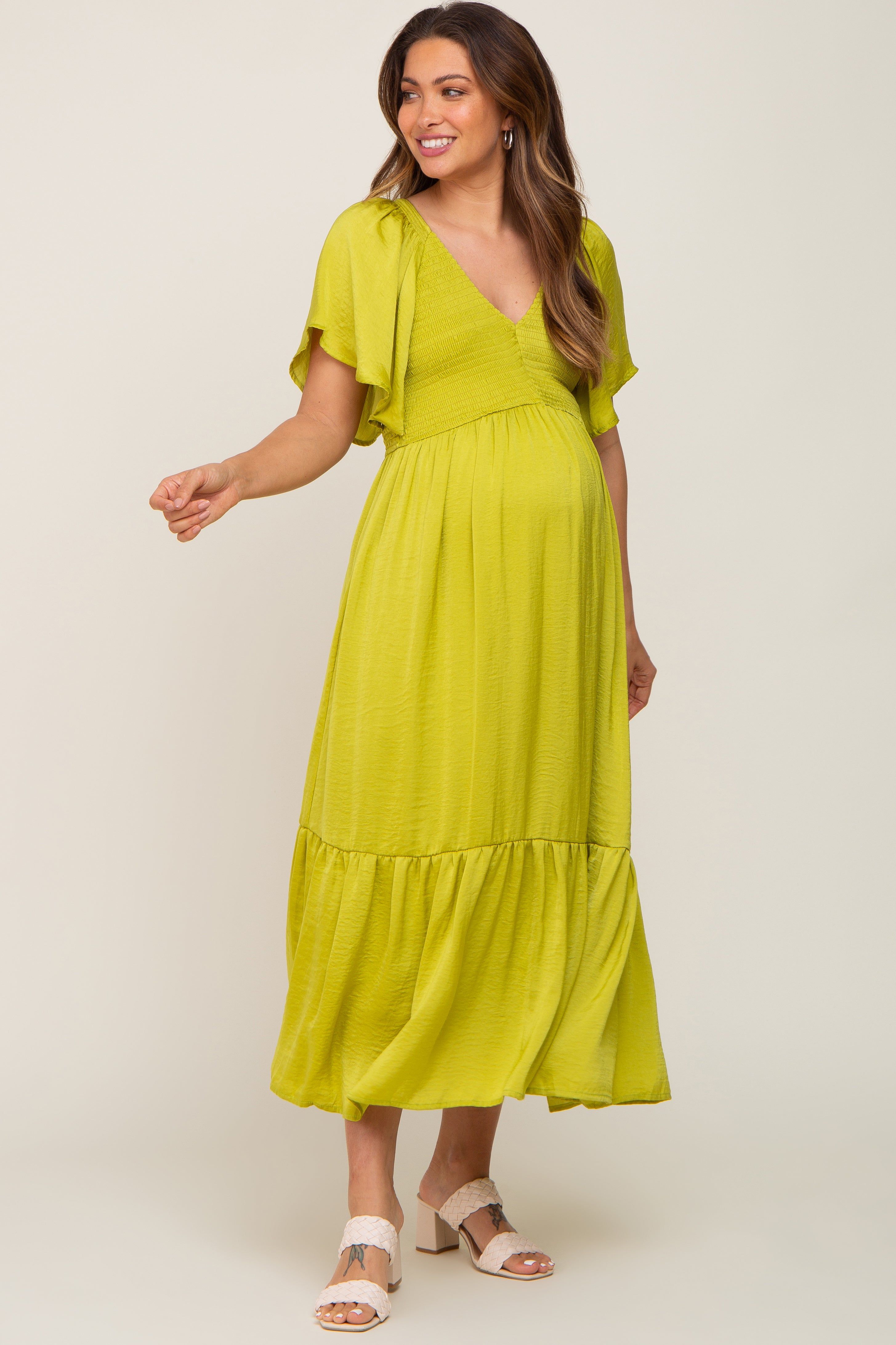 Green Satin Smocked Maternity Midi Dress sold by Pinkblush product image thumbnail 4
