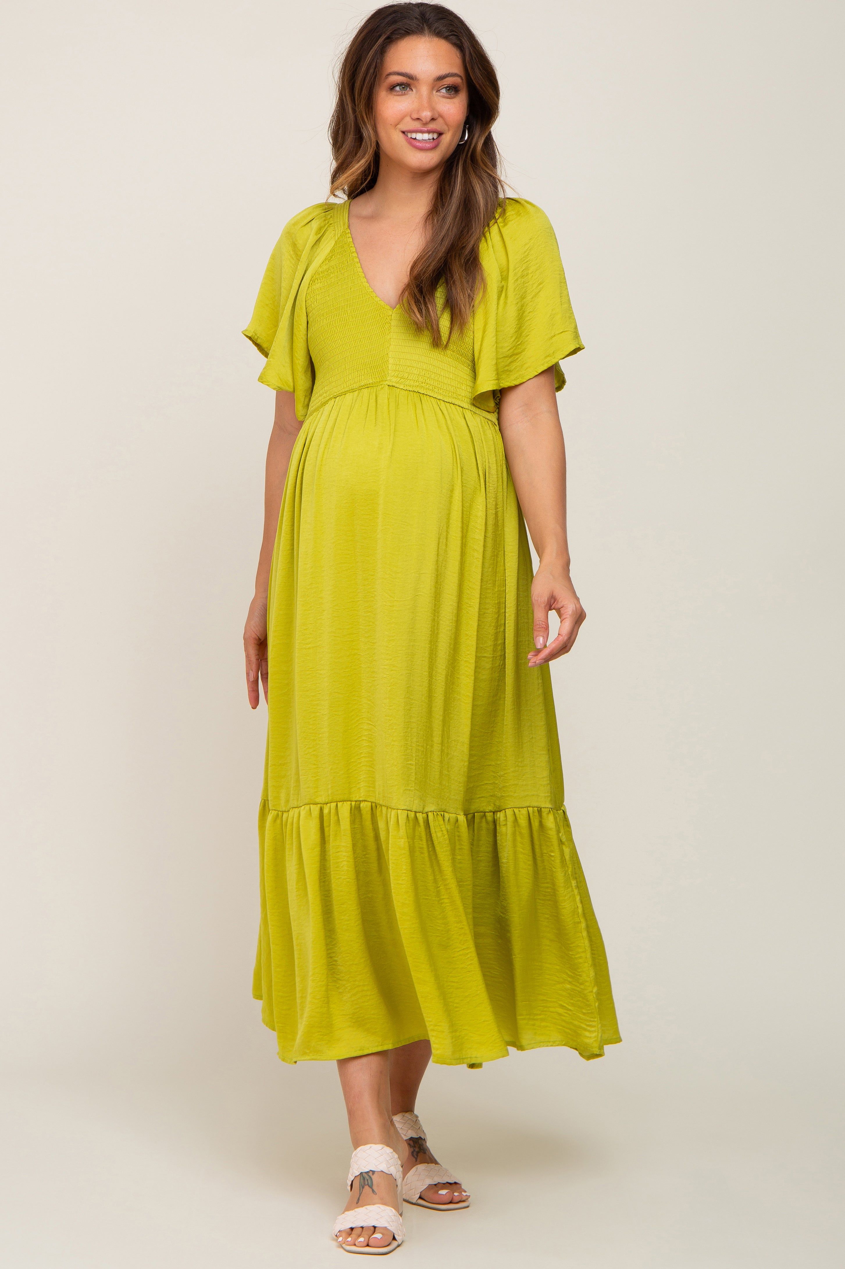 Green Satin Smocked Maternity Midi Dress sold by Pinkblush