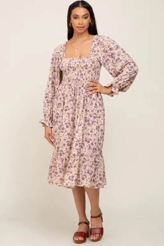 Taupe Floral Smocked Long Sleeve Midi Dress sold by Pinkblush