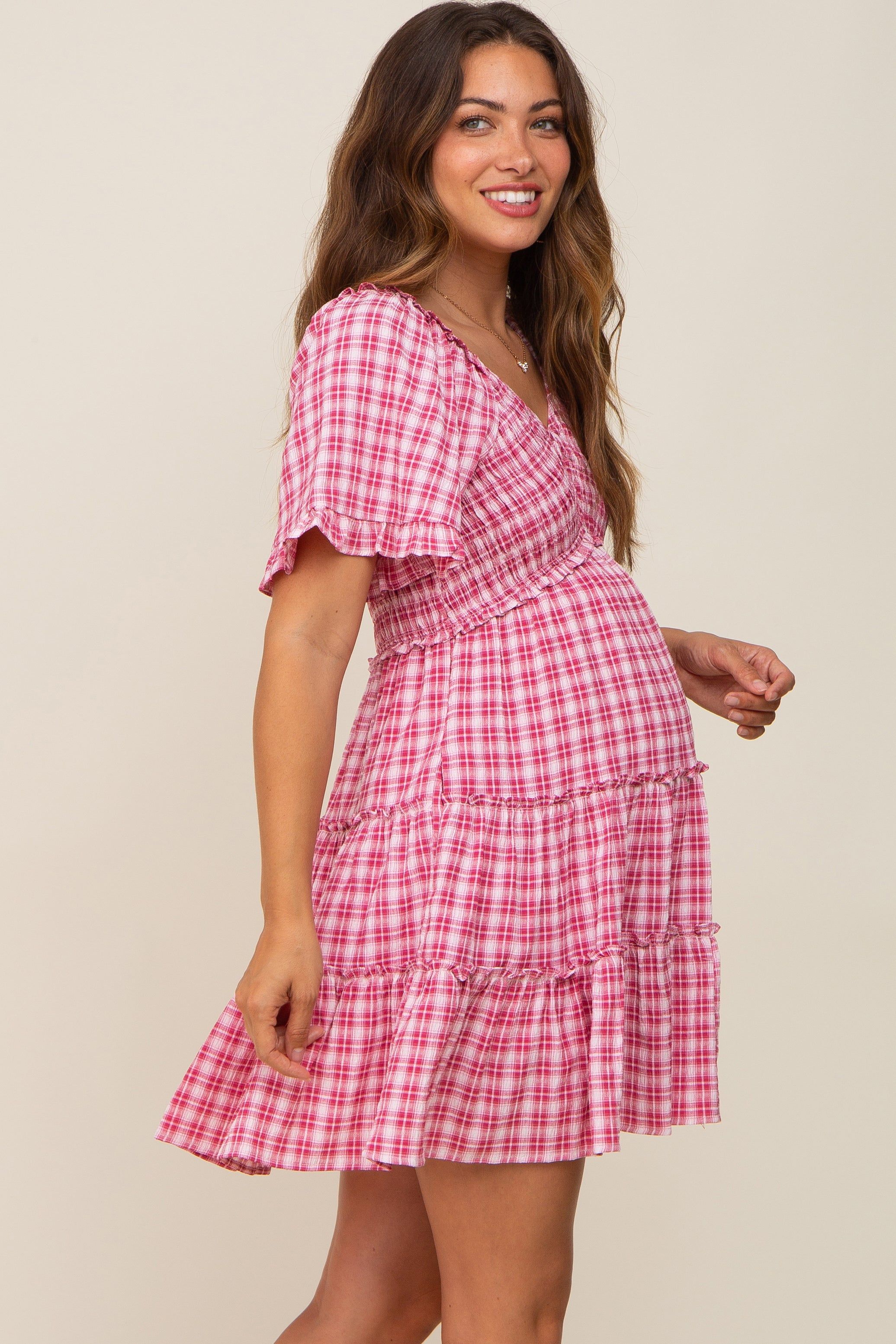 Pink Plaid Ruffle Tiered Maternity Dress sold by Pinkblush product image thumbnail 2
