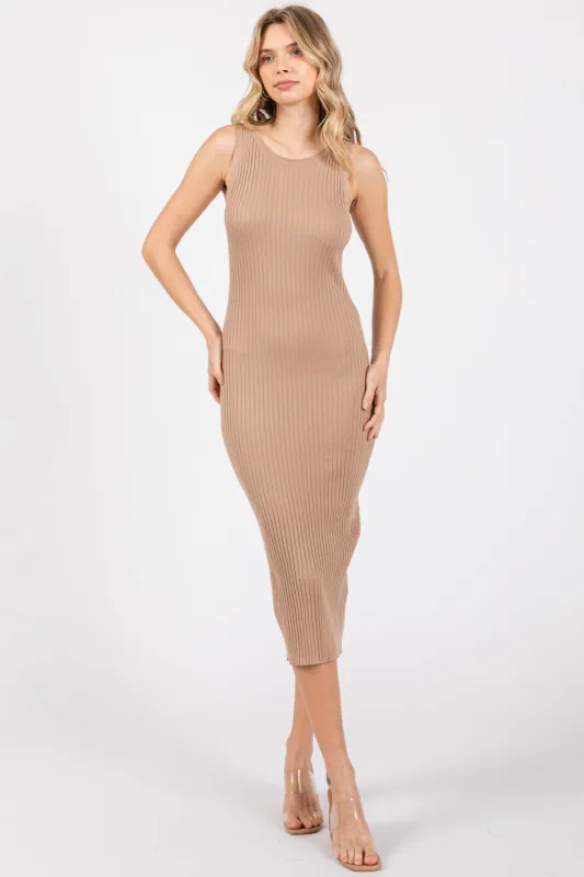 Beige Sleeveless Ribbed Midi Dress sold by Pinkblush