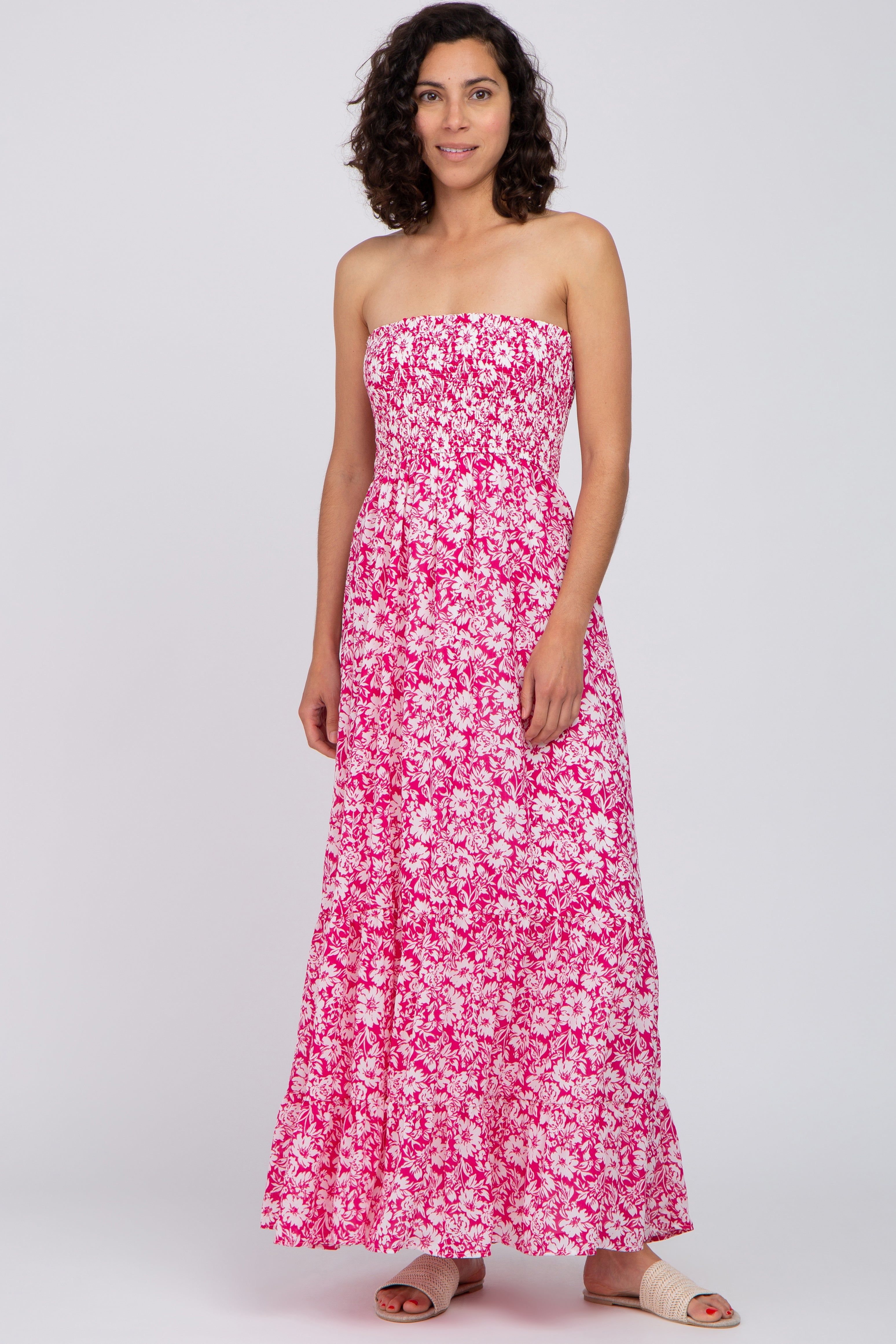 Magenta Floral Strapless Smocked Maxi Dress sold by Pinkblush