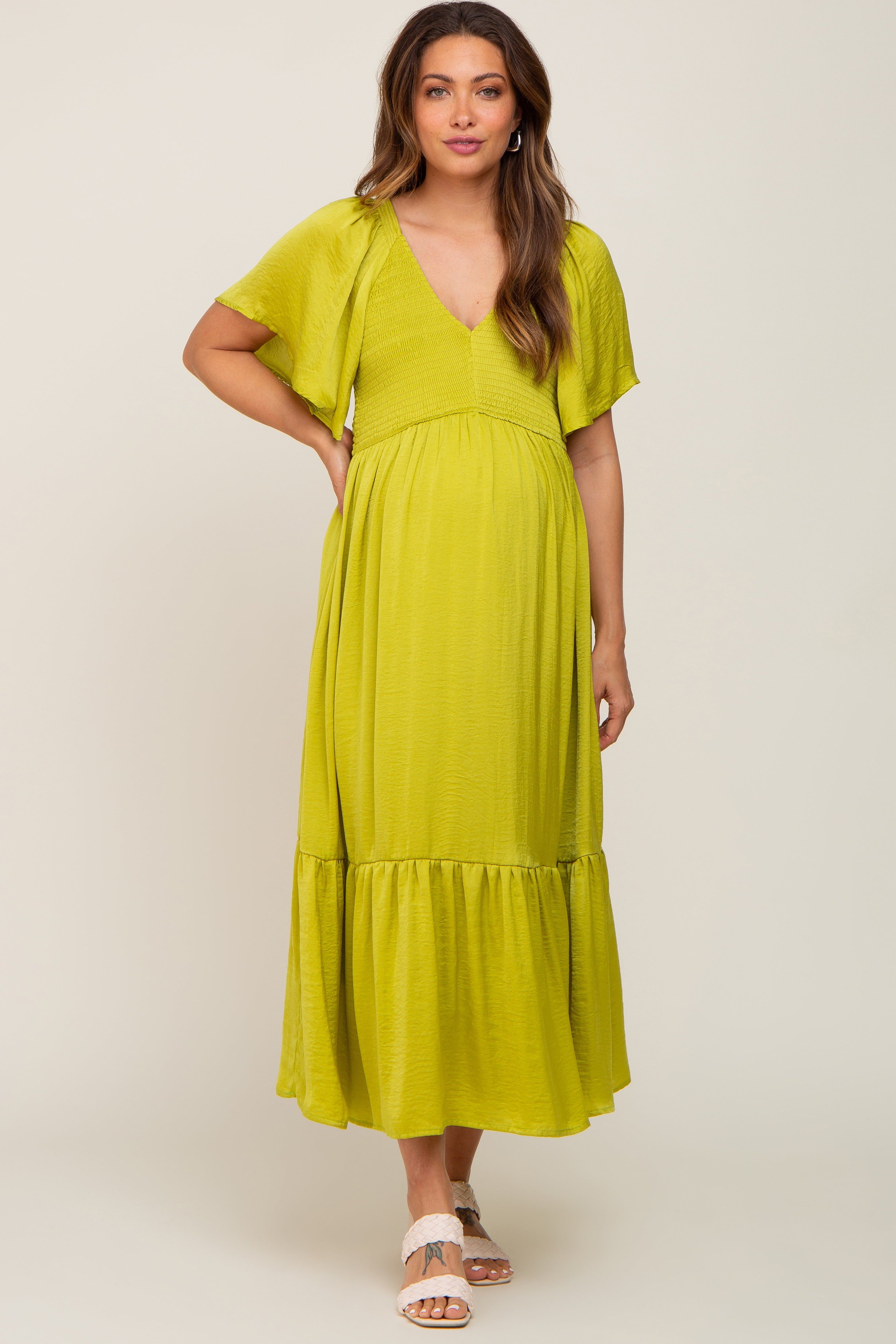 Green Satin Smocked Maternity Midi Dress sold by Pinkblush product image thumbnail 5