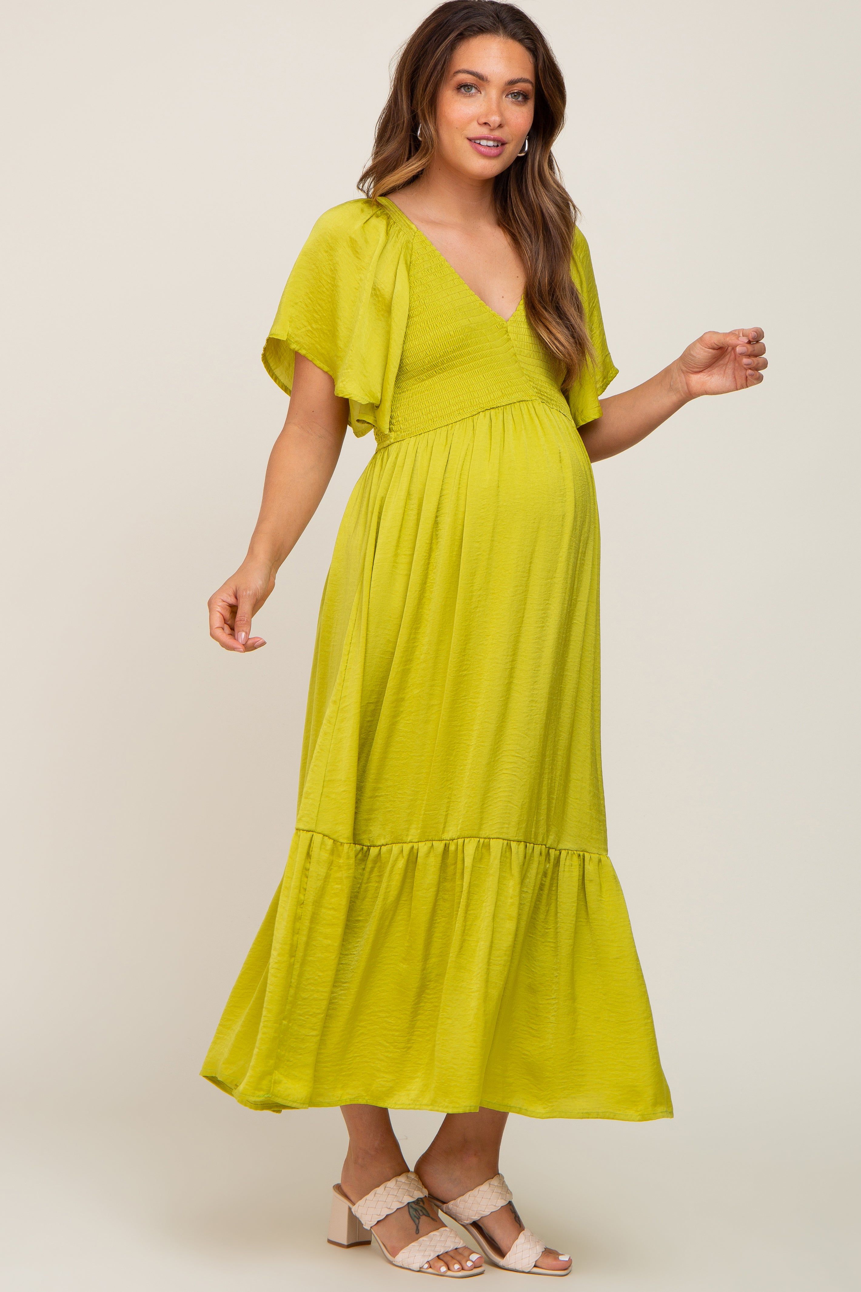 Green Satin Smocked Maternity Midi Dress sold by Pinkblush product image thumbnail 2