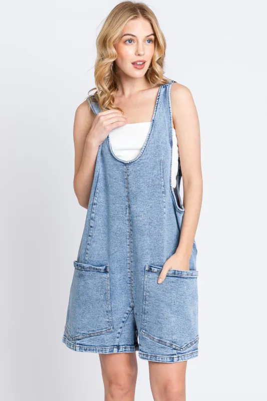 Light Blue Denim Scoop Neck Short Overall sold by Pinkblush