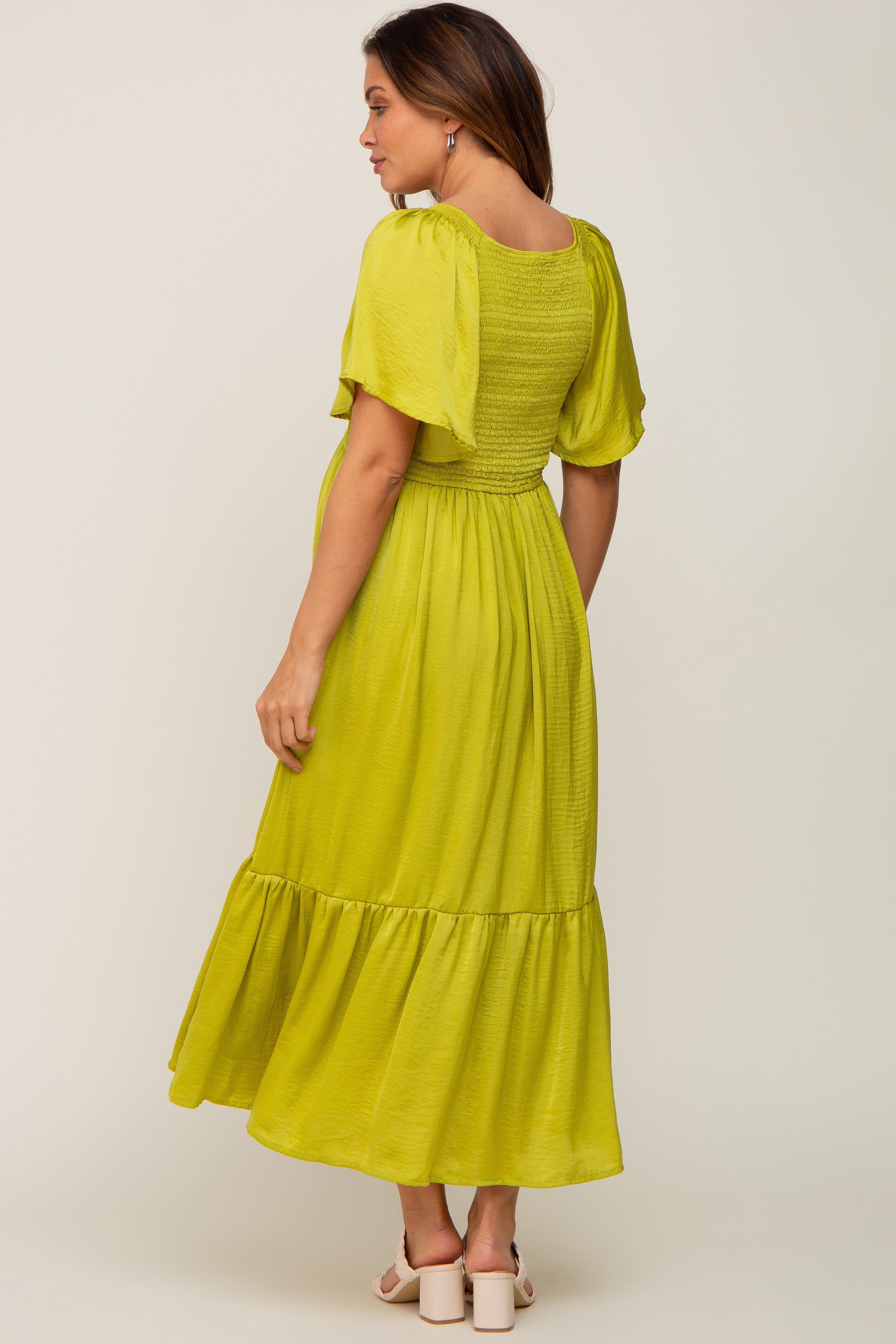Green Satin Smocked Maternity Midi Dress sold by Pinkblush product image thumbnail 3