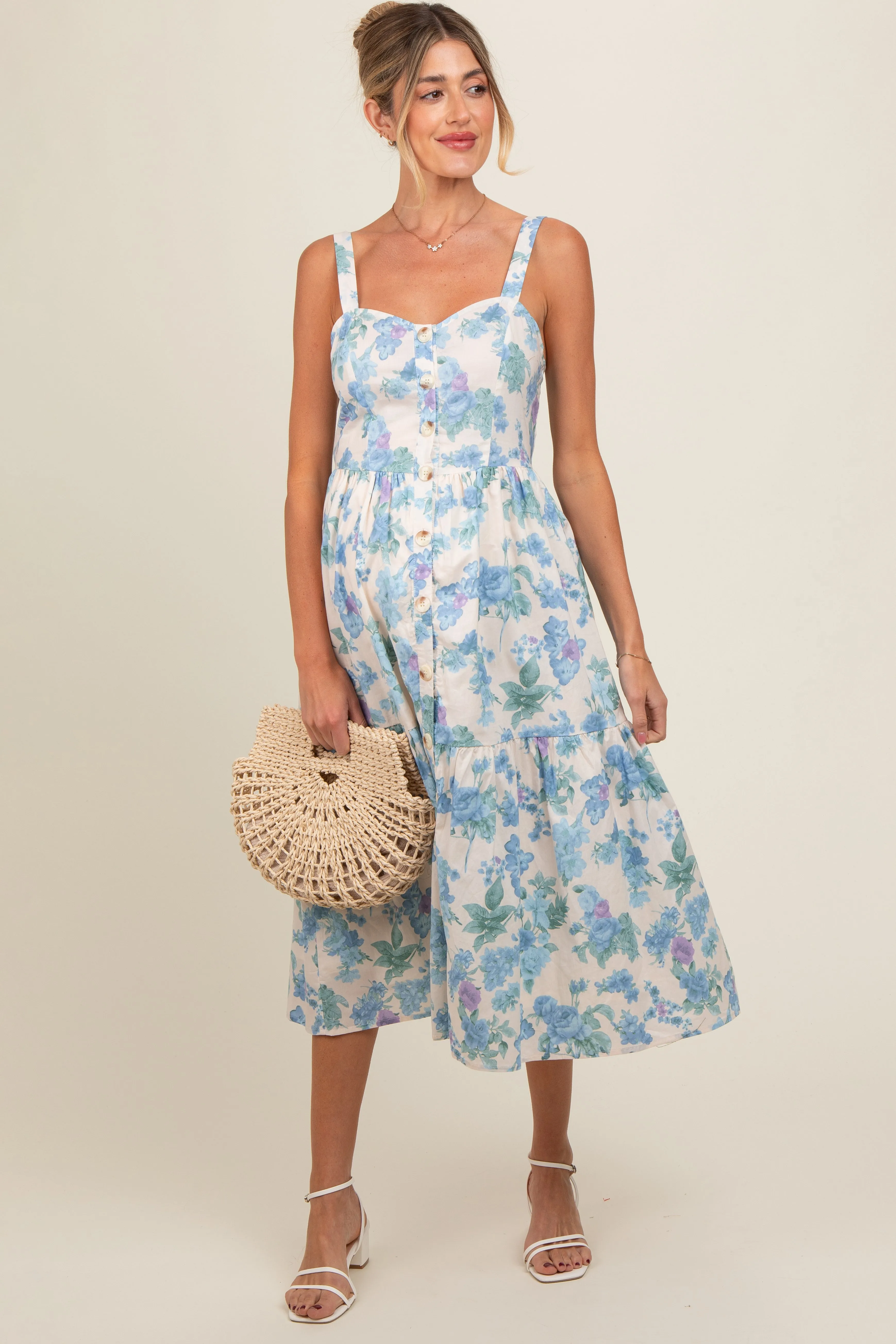 Blue Floral Sweetheart Neck Button Front Maternity Midi Dress sold by Pinkblush