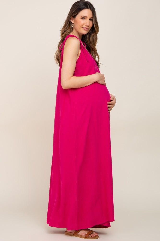 Fuchsia Linen V-Neck Tie Strap Maternity Maxi Dress sold by Pinkblush product image thumbnail 3