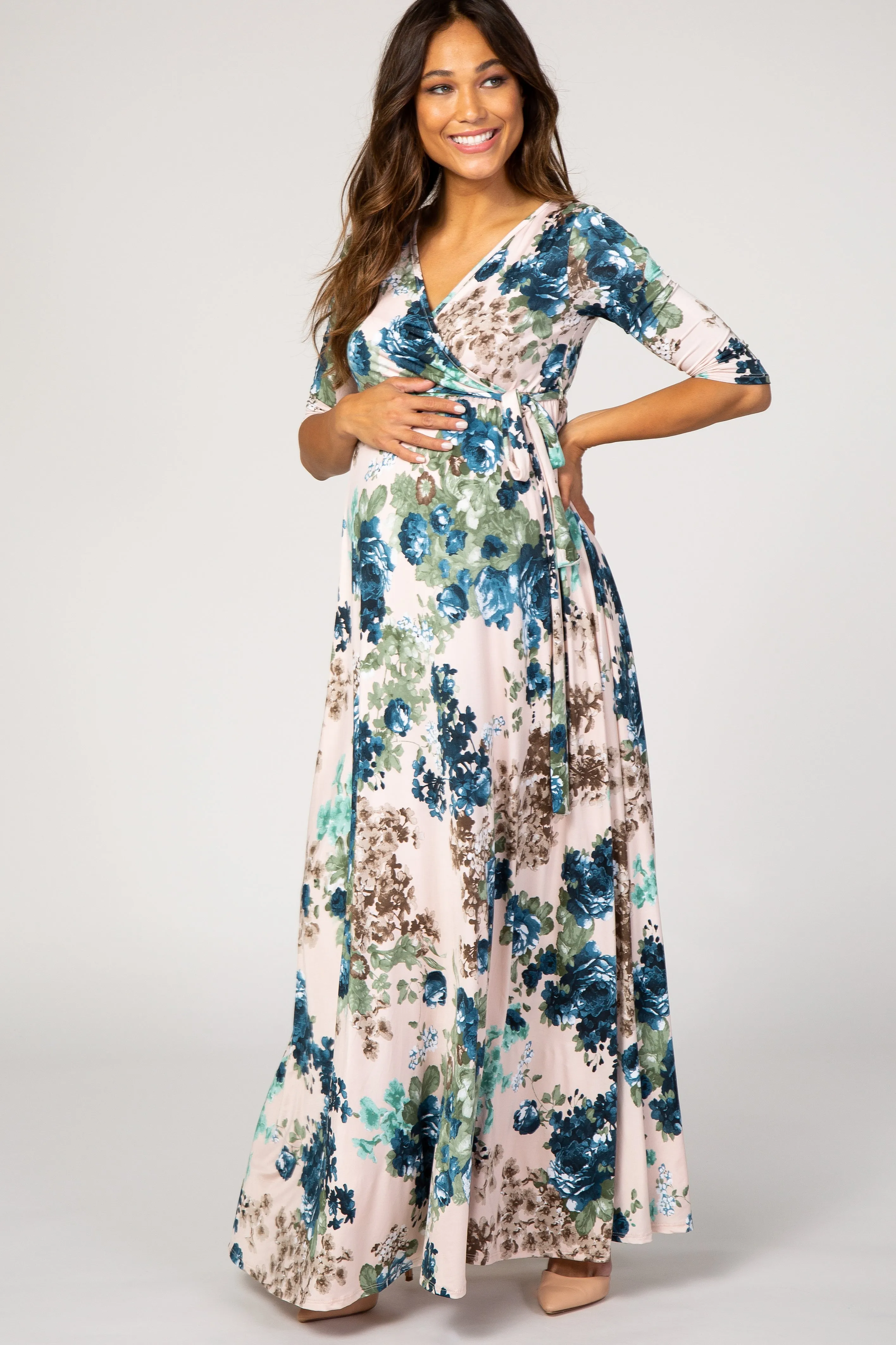 PinkBlush Light Pink Floral Sash Tie Maternity/Nursing Dress sold by Pinkblush