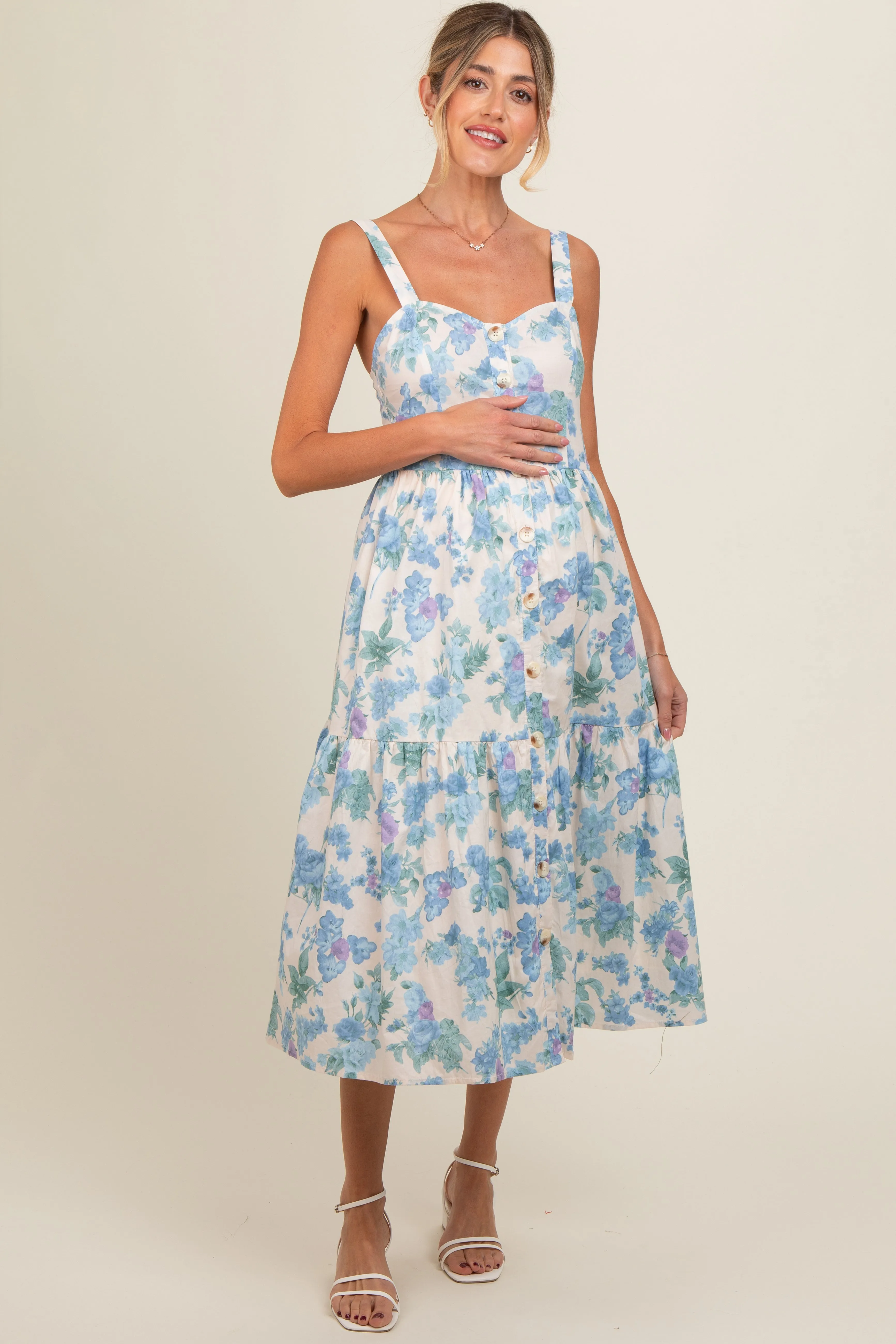 Blue Floral Sweetheart Neck Button Front Maternity Midi Dress sold by Pinkblush product image thumbnail 2