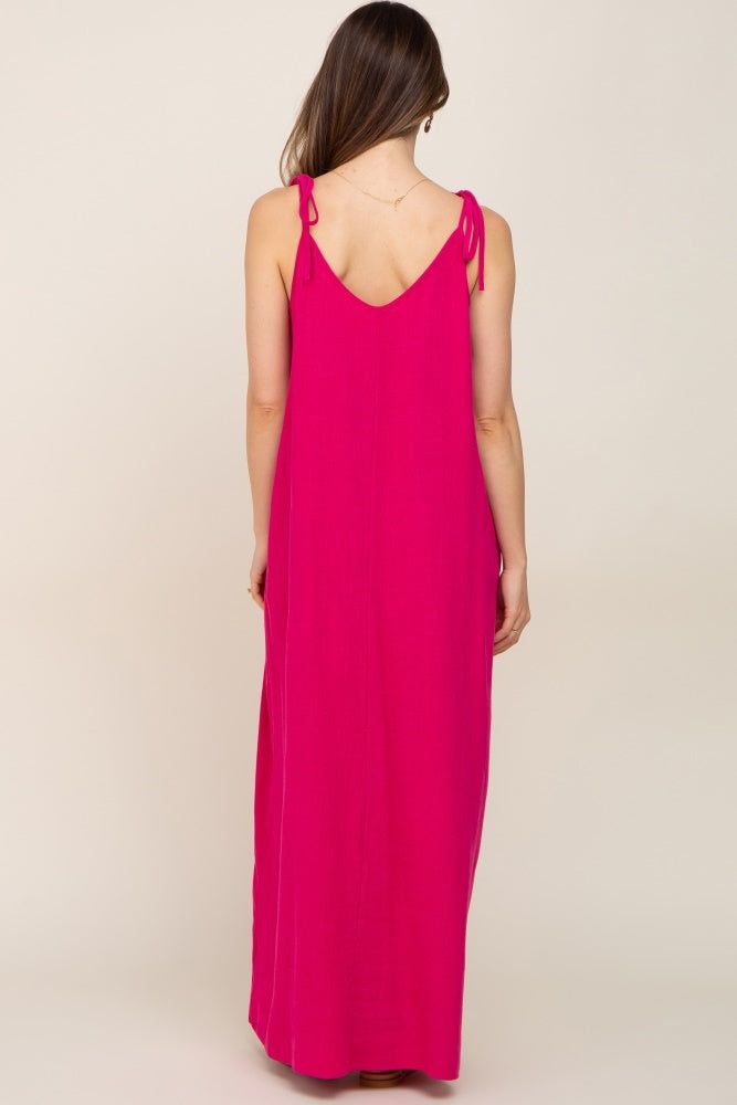 Fuchsia Linen V-Neck Tie Strap Maternity Maxi Dress sold by Pinkblush product image thumbnail 4