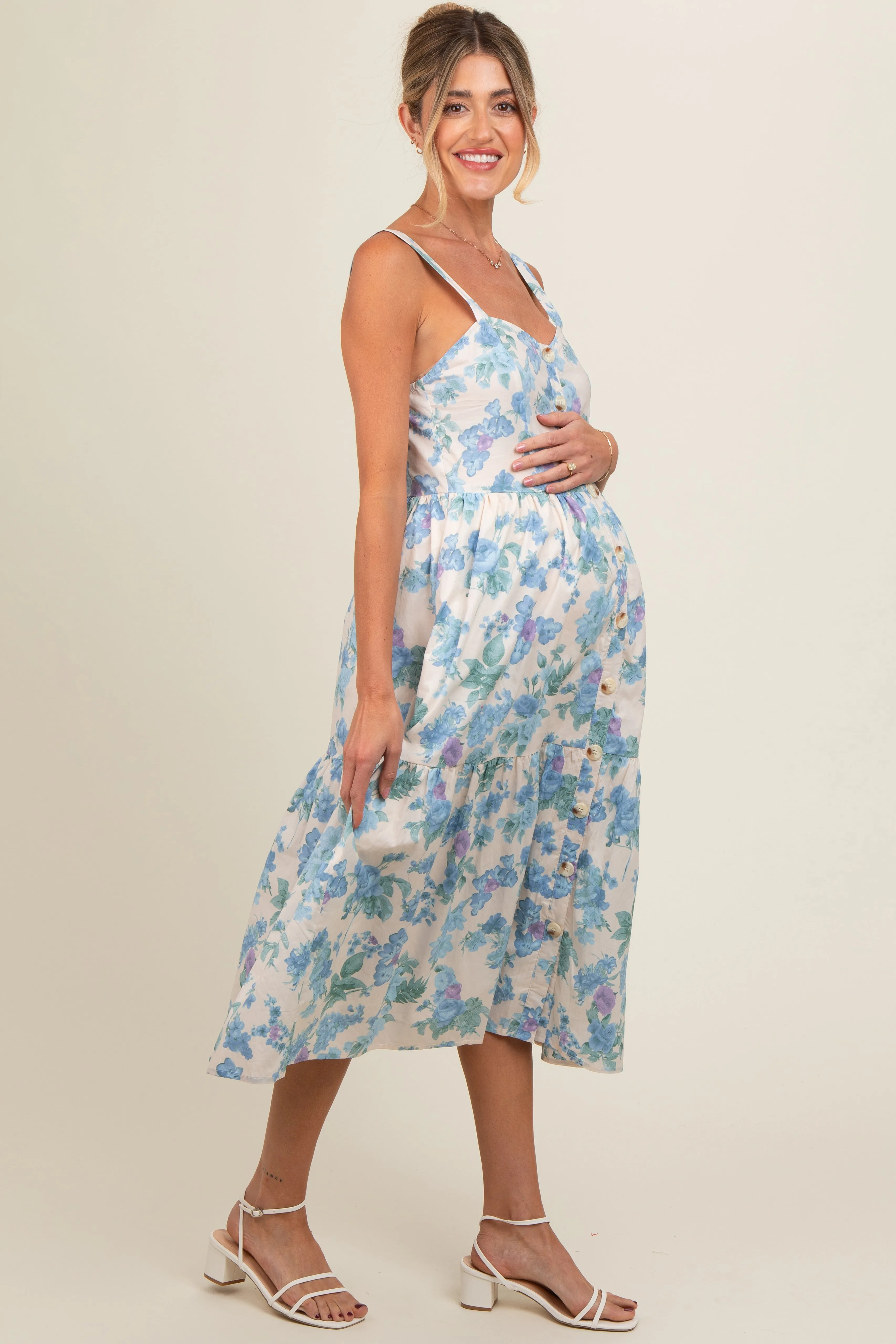 Blue Floral Sweetheart Neck Button Front Maternity Midi Dress sold by Pinkblush product image thumbnail 3