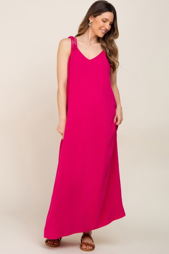 Fuchsia Linen V-Neck Tie Strap Maternity Maxi Dress sold by Pinkblush product image thumbnail 2