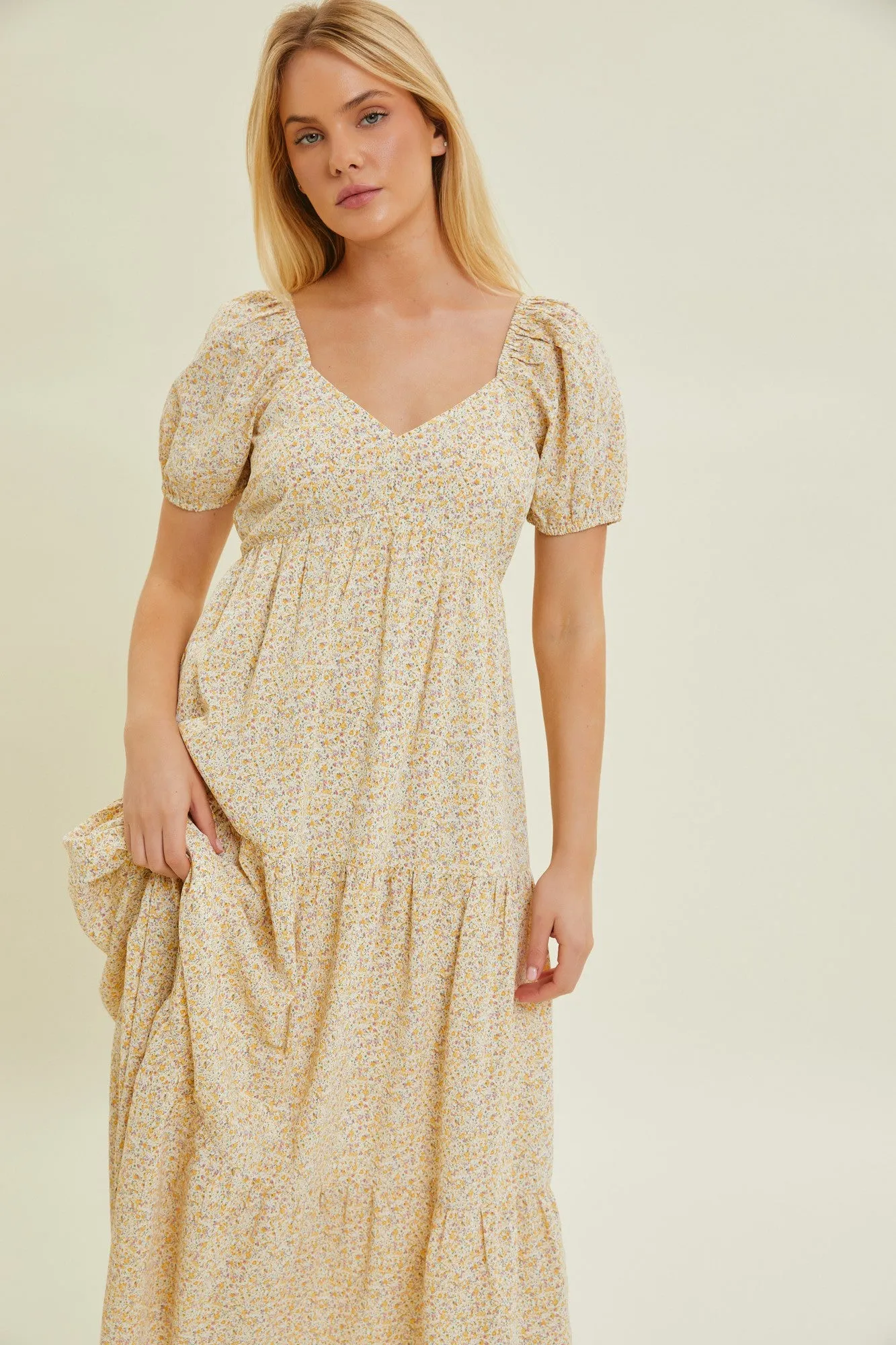 Yellow Ditsy Floral Tiered Midi Dress sold by Pinkblush product image thumbnail 4