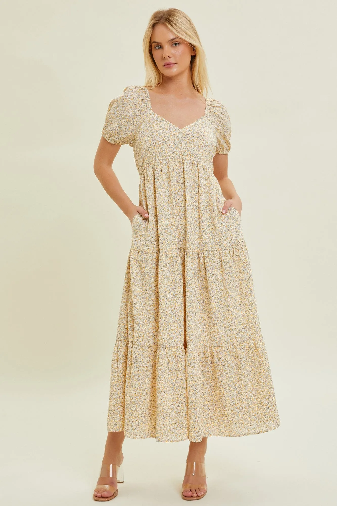 Yellow Ditsy Floral Tiered Midi Dress sold by Pinkblush