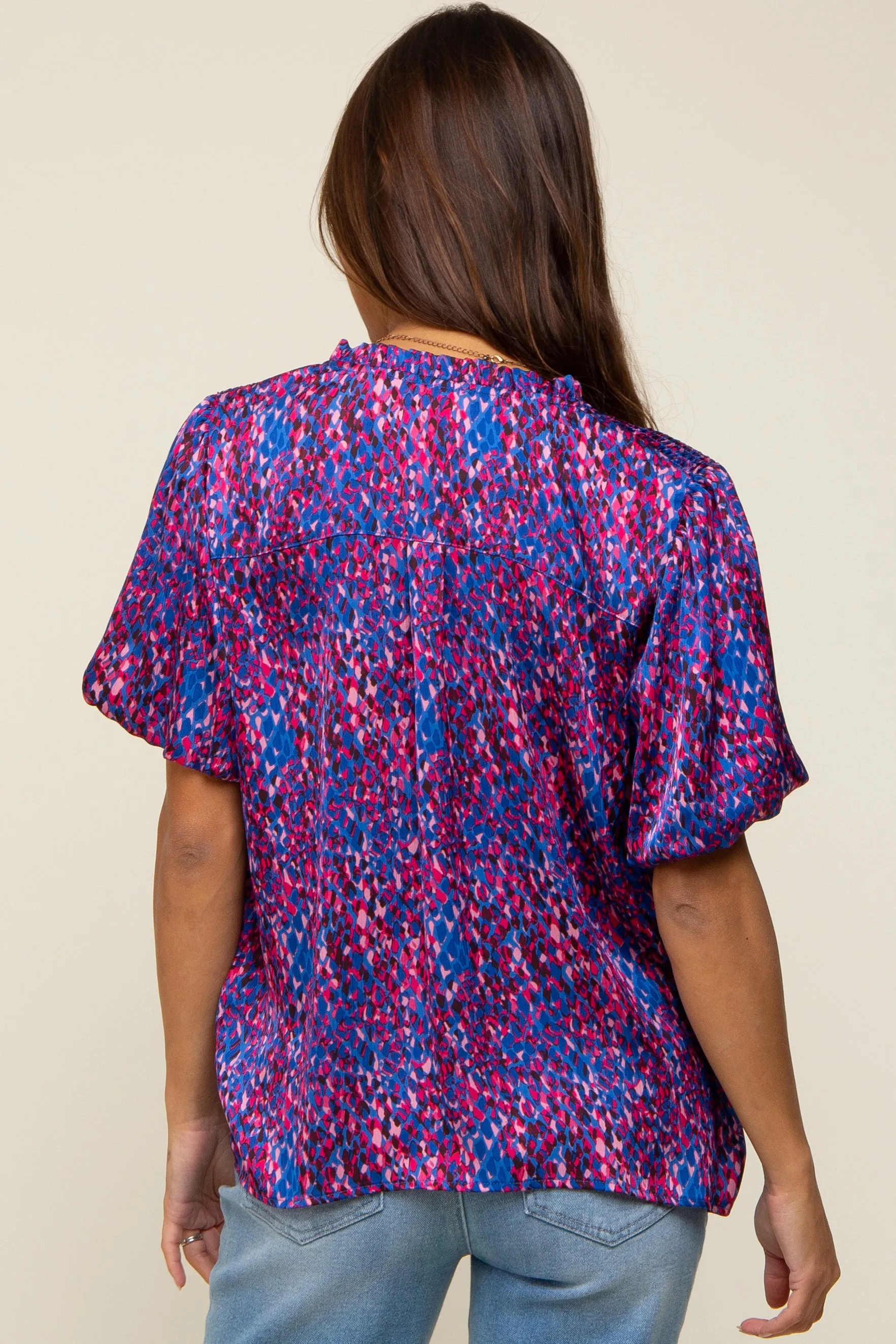 Royal Blue Printed Front Tie Puff Sleeve Maternity Blouse sold by Pinkblush product image thumbnail 3