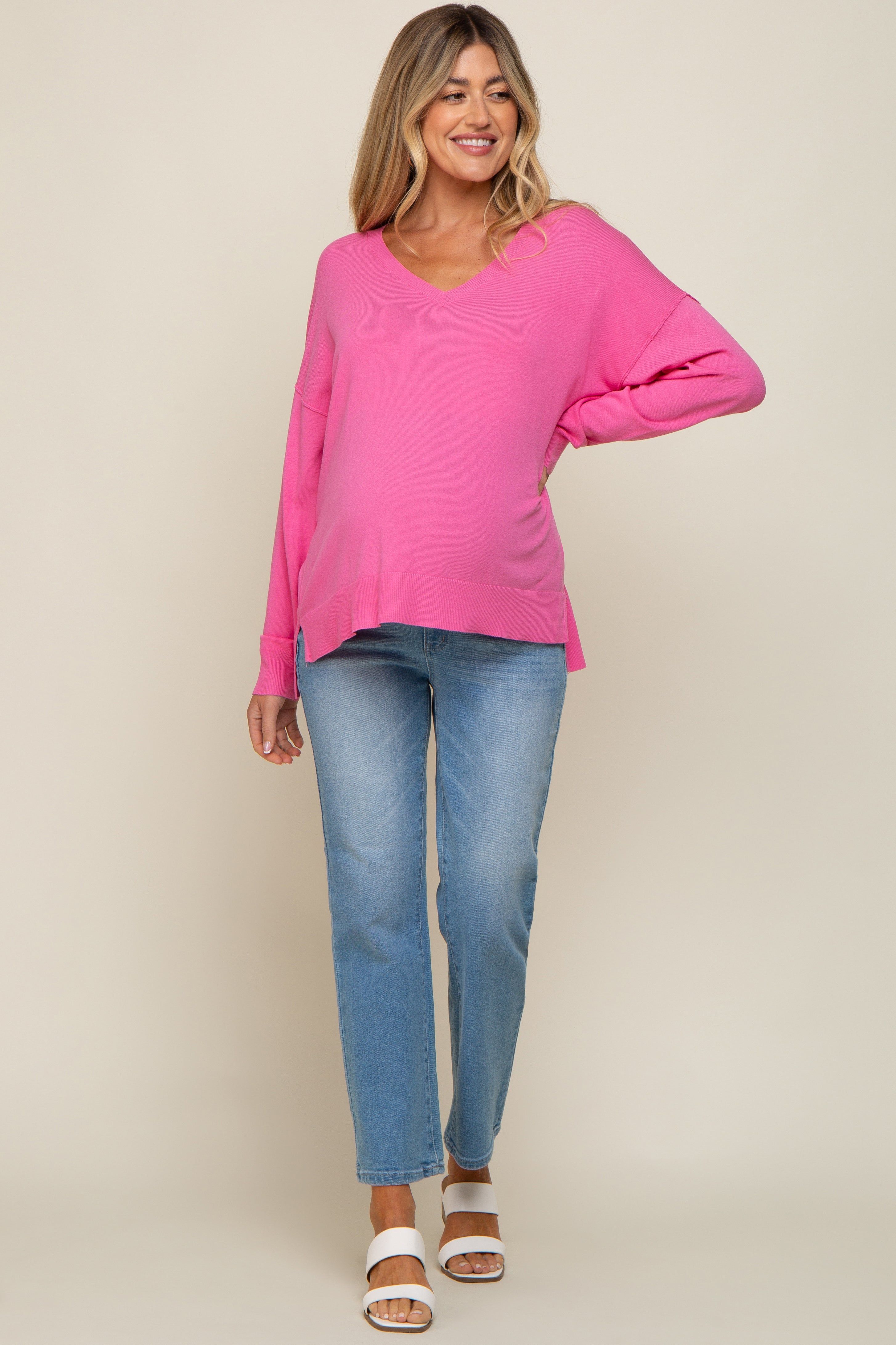 Pink Knit V-Neck Long Sleeve Maternity Top sold by Pinkblush product image thumbnail 5