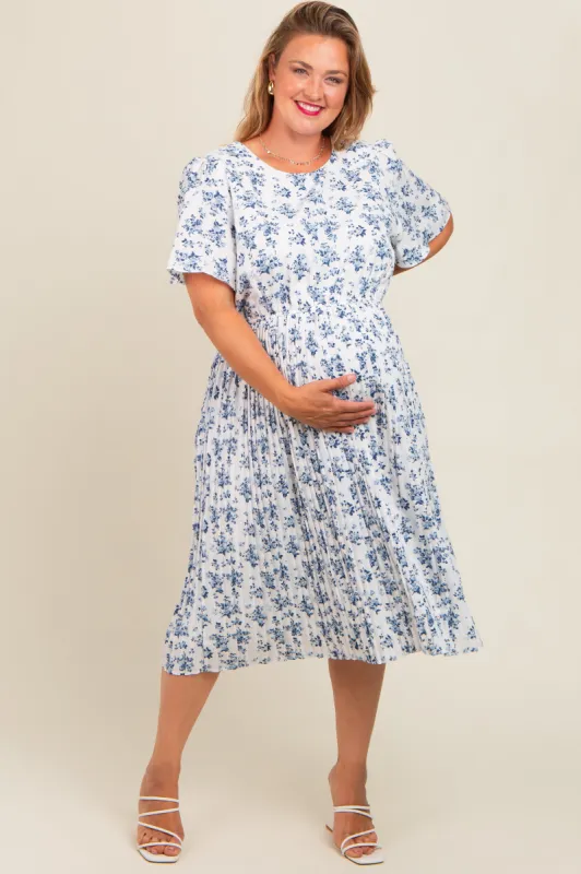 Blue Ditsy Floral Pleated Plus Maternity Dress sold by Pinkblush