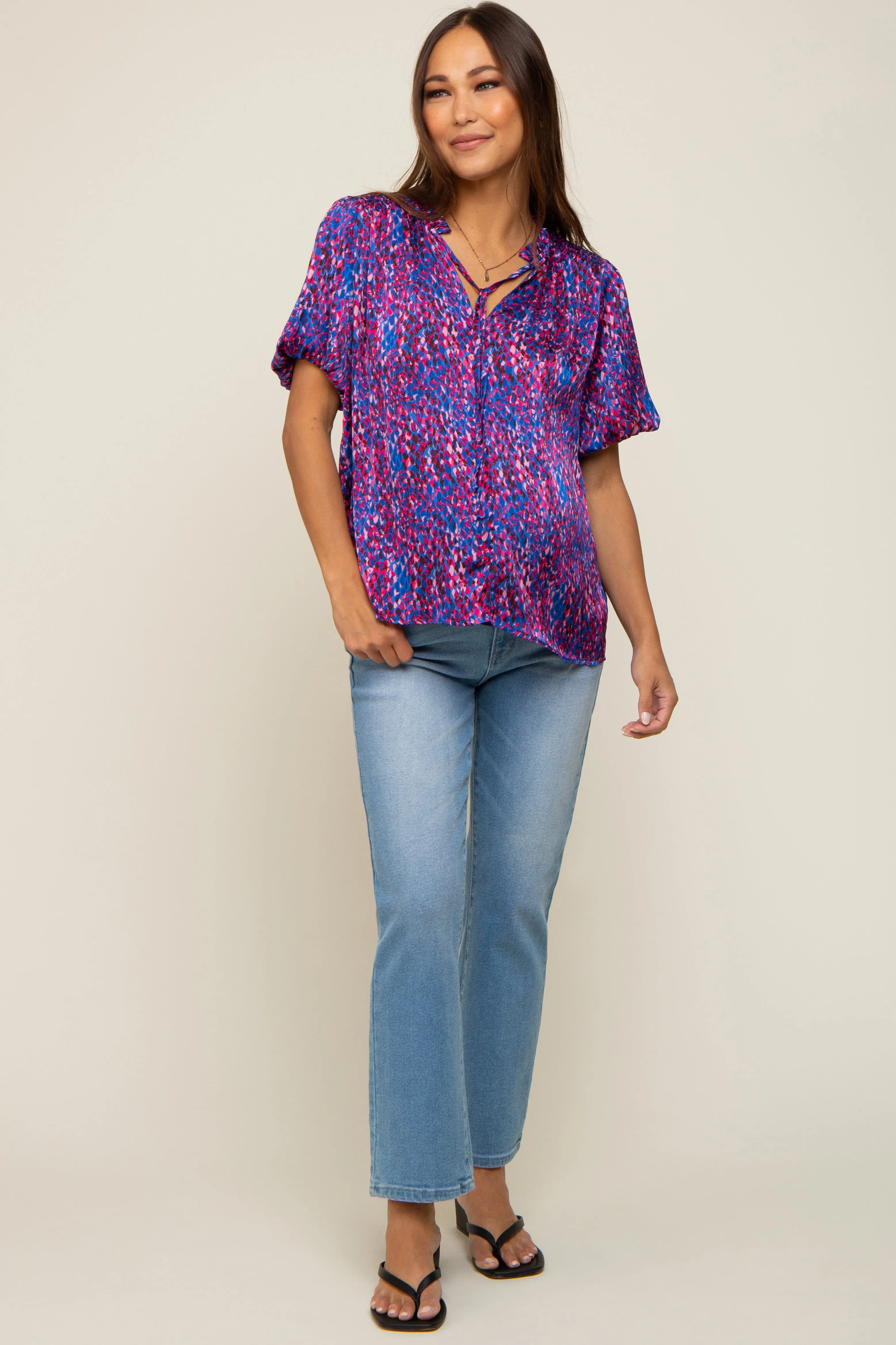 Royal Blue Printed Front Tie Puff Sleeve Maternity Blouse sold by Pinkblush product image thumbnail 4