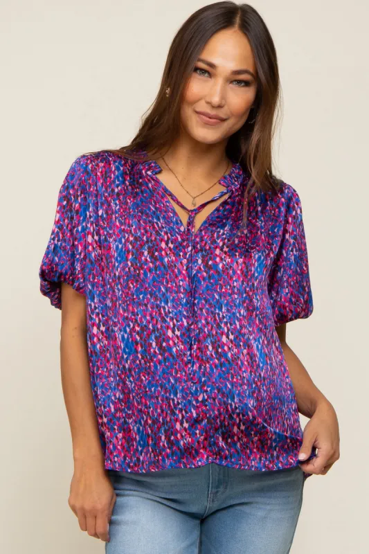 Royal Blue Printed Front Tie Puff Sleeve Maternity Blouse sold by Pinkblush