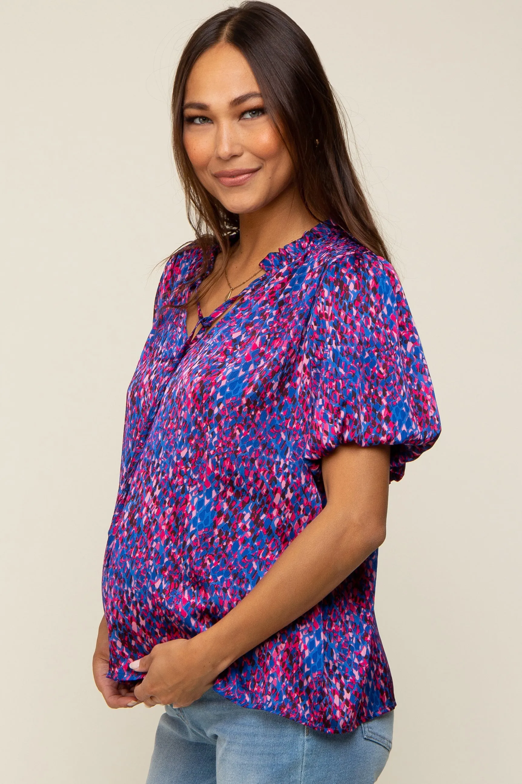 Royal Blue Printed Front Tie Puff Sleeve Maternity Blouse sold by Pinkblush product image thumbnail 2