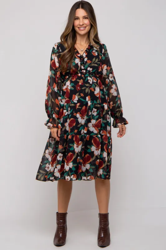 Black Floral Ruffle V-Neck Maternity Dress sold by Pinkblush