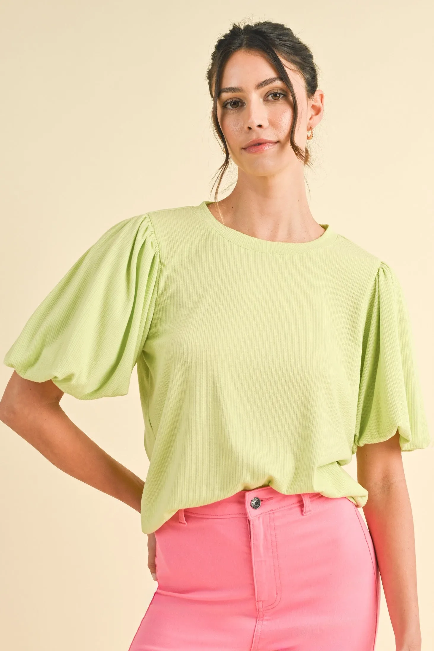 Lime Ribbed Puff Short Sleeve Maternity Top sold by Pinkblush product image thumbnail 3