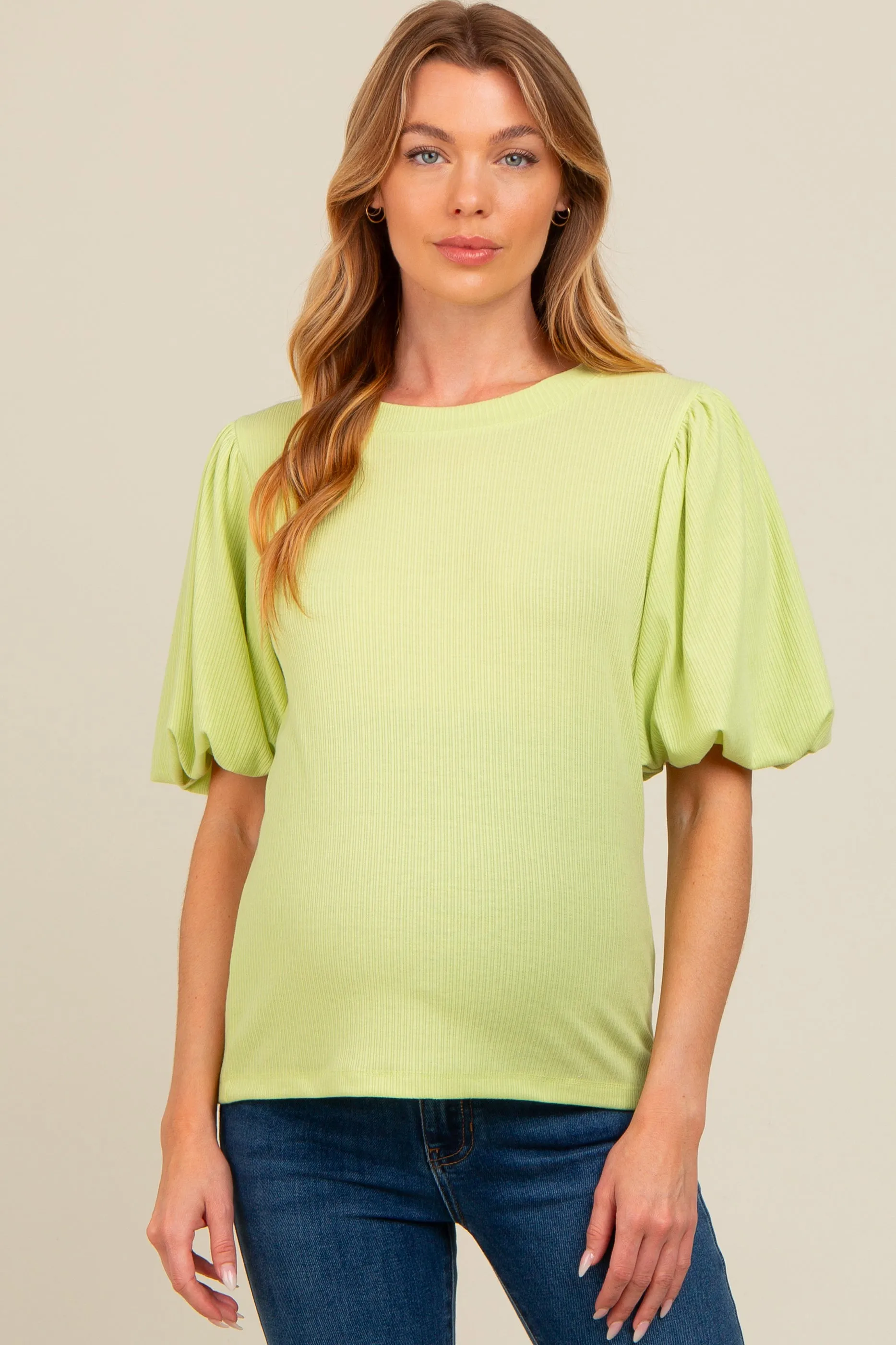 Lime Ribbed Puff Short Sleeve Maternity Top sold by Pinkblush