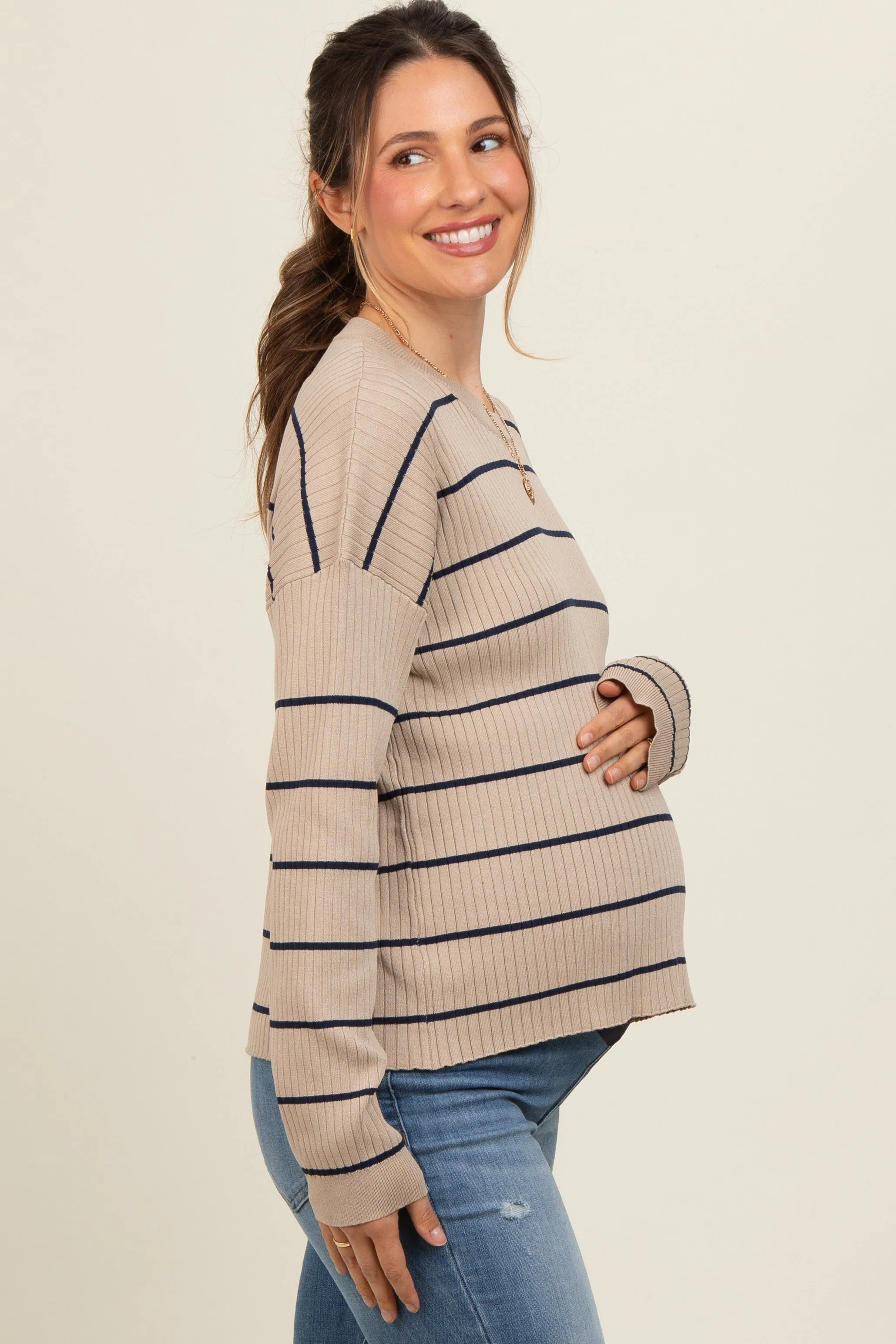 Mocha Striped Ribbed Knit Long Sleeve Maternity Top sold by Pinkblush product image thumbnail 2