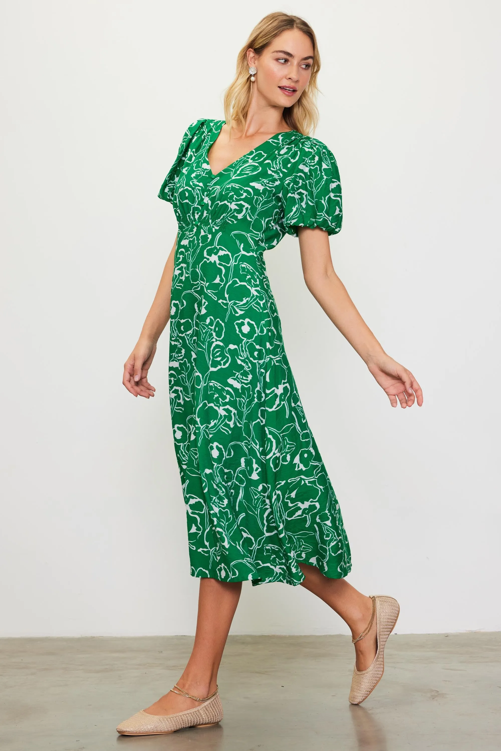 Green Floral Button Front Short Sleeve Midi Dress sold by Pinkblush product image thumbnail 2